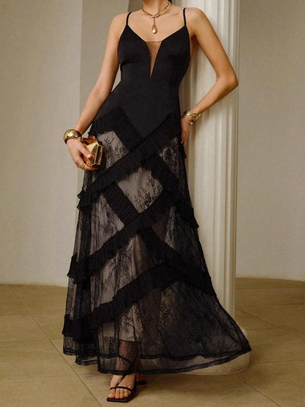 Black Elegant Women's Deep V-Neck Lace Patchwork Pleated Ruffle Strap Dress
